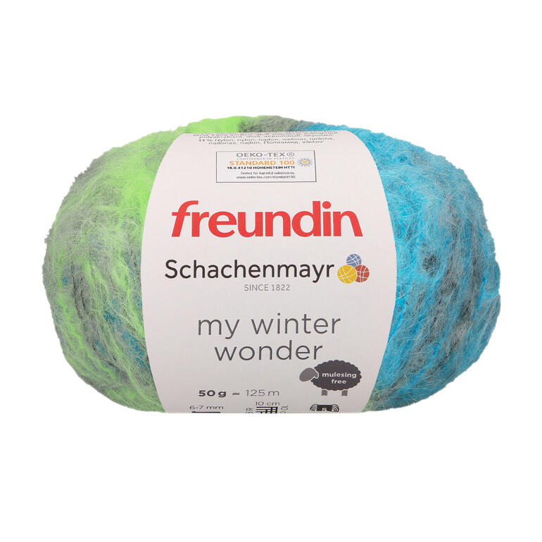 Wolle my winter wonder in Grün-Blau mit Etikett.