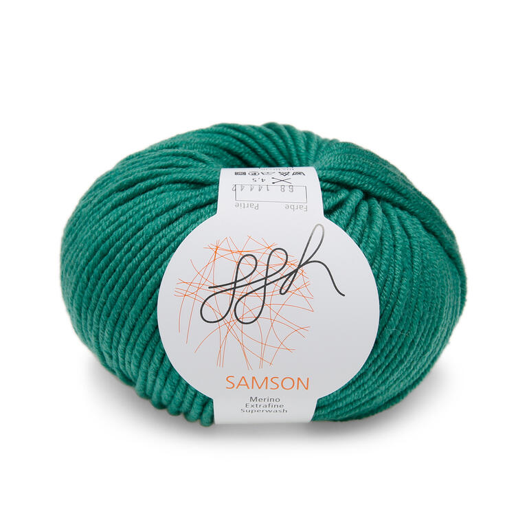 Garn 'Samson' von ggh in Grün, in einem Wollknäuel präsentiert.