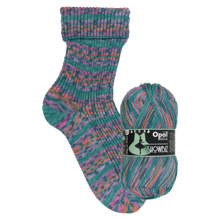 Socken aus Sockenwolle Showbiz 4-fach von Opal in bunten Rampenlichtfarben.