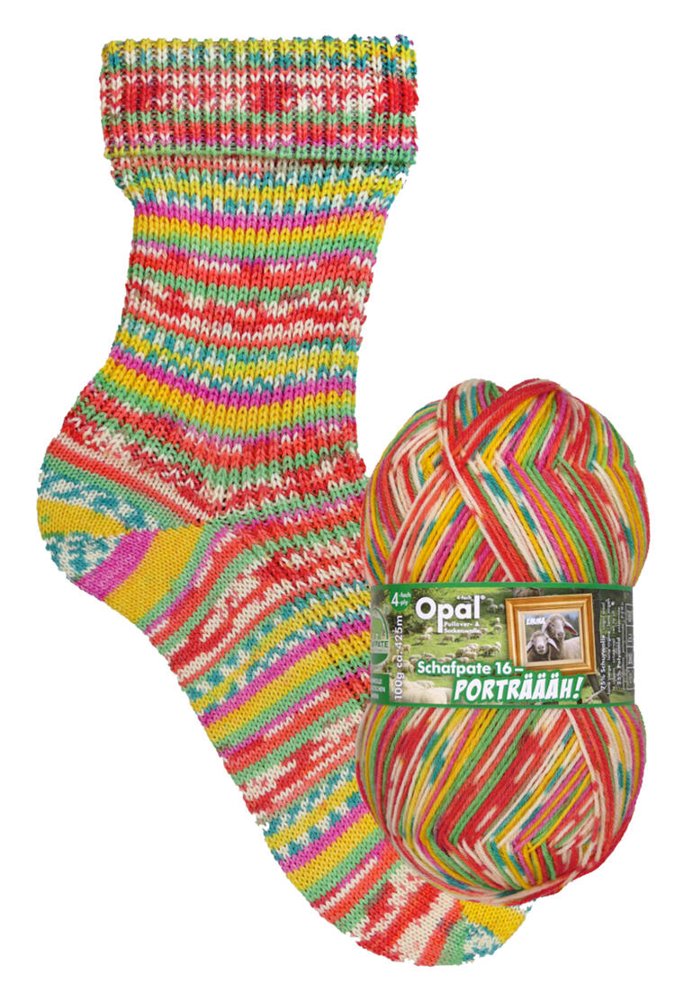 Bunte Socken in Rot-, Gelb- und Grüntönen mit passendem Garn.