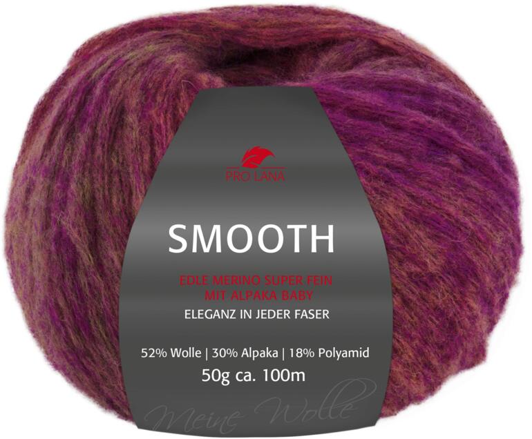 Garn Smooth von Pro Lana in lila-tönen, beschriftetes Etikett.
