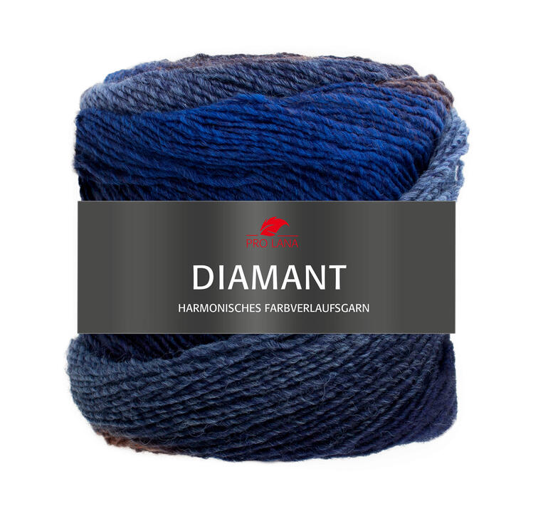 Garn Diamant von Pro Lana in Blautönen und Farbverlauf, beschriftetes Etikett.