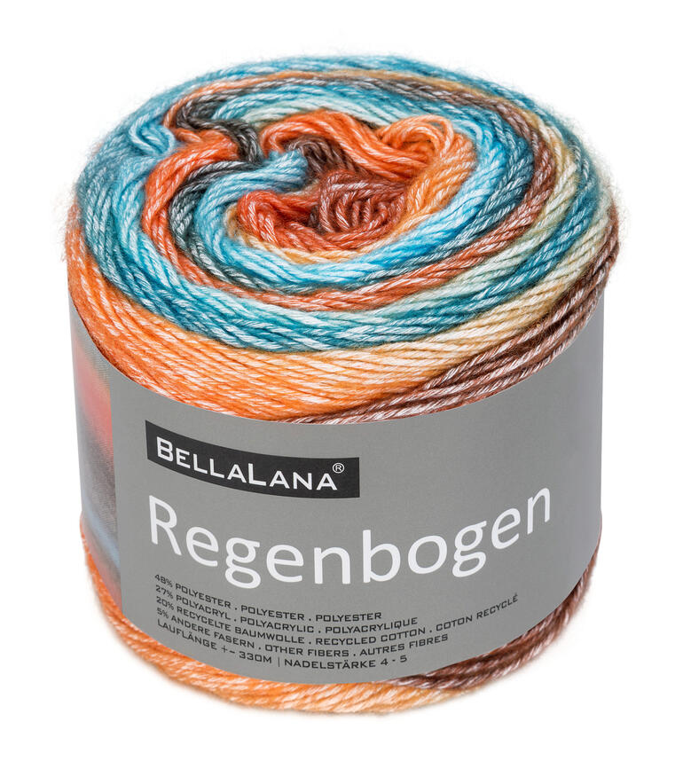 Garnrolle namens 'Regenbogen' von BellaLana in warmen Farben.