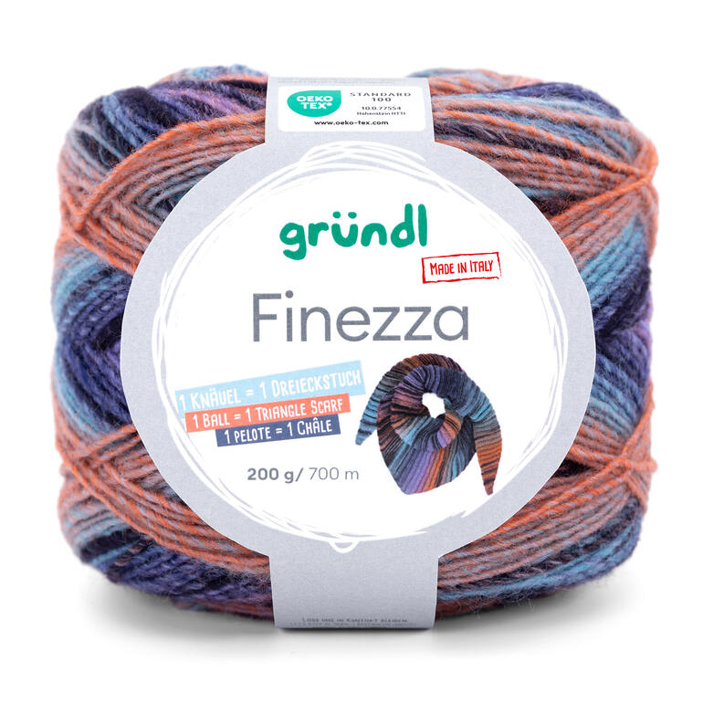 Finezza Garn von Gründl, bunte Mischung, 200 g, 700 m Lauflänge.