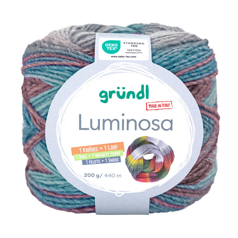 Luminosa Wolle von Gründl in Türkis, Braun und Flieder.