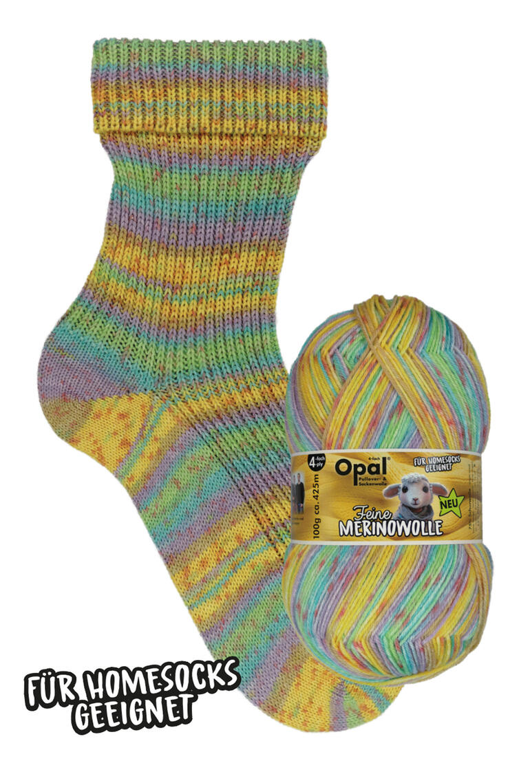 Feine Merinowolle 4-fach von Opal in sanften Pastellfarben.