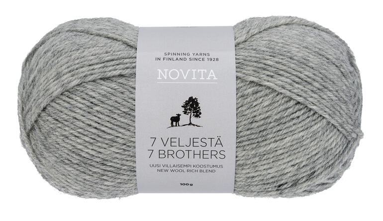 Grau meliertes Garn '7 Veljestä' von Novita in einem Wollknäuel.