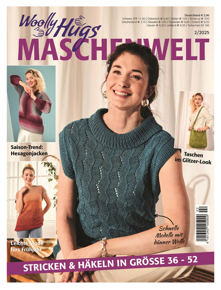 Heft Woolly Hugs Maschenwelt 02/25 mit einer Frau in einem gehäkelten Oberteil auf dem Cover.