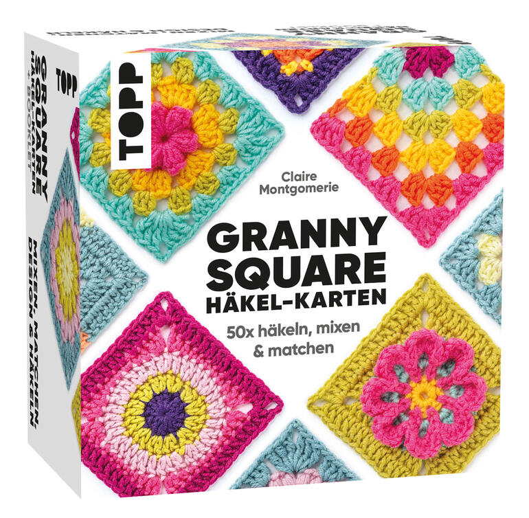 Häkel-Kartenset 'Granny Square' mit bunten Quadraten in verschiedenen Designs.