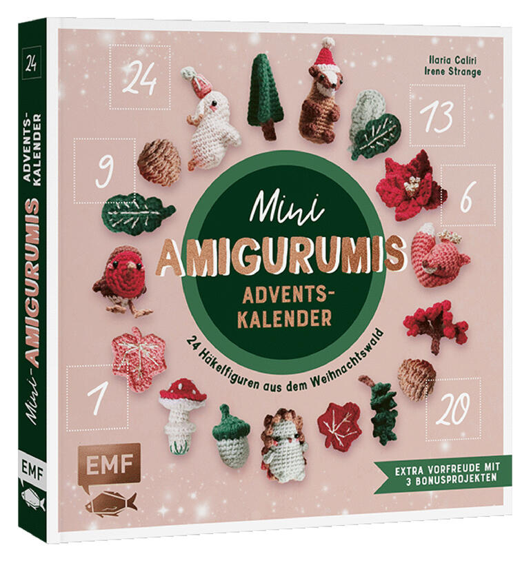 Buchcover für den Mini Amigurumis Adventskalender mit Häkelfiguren.