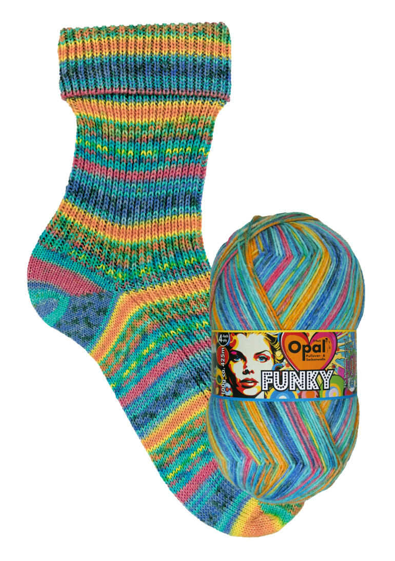 Bunte Socke in Rippstrick, verbunden mit dem Wollknäuel Opal Funky 4-fach.