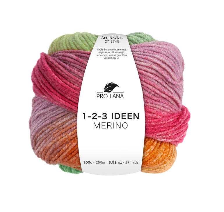 Pro Lana 1-2-3 Ideen Merino in lebhaften Farben, 100g, perfekt für kreative Strickideen.