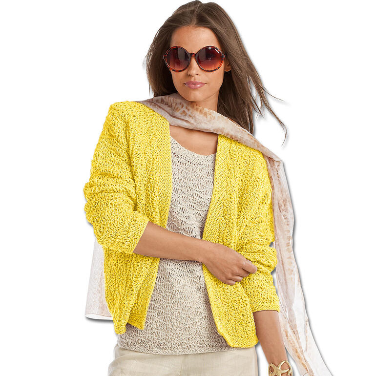 Anleitung 618/4, Jacke aus Contrato von Junghans-Wolle in Gelb.