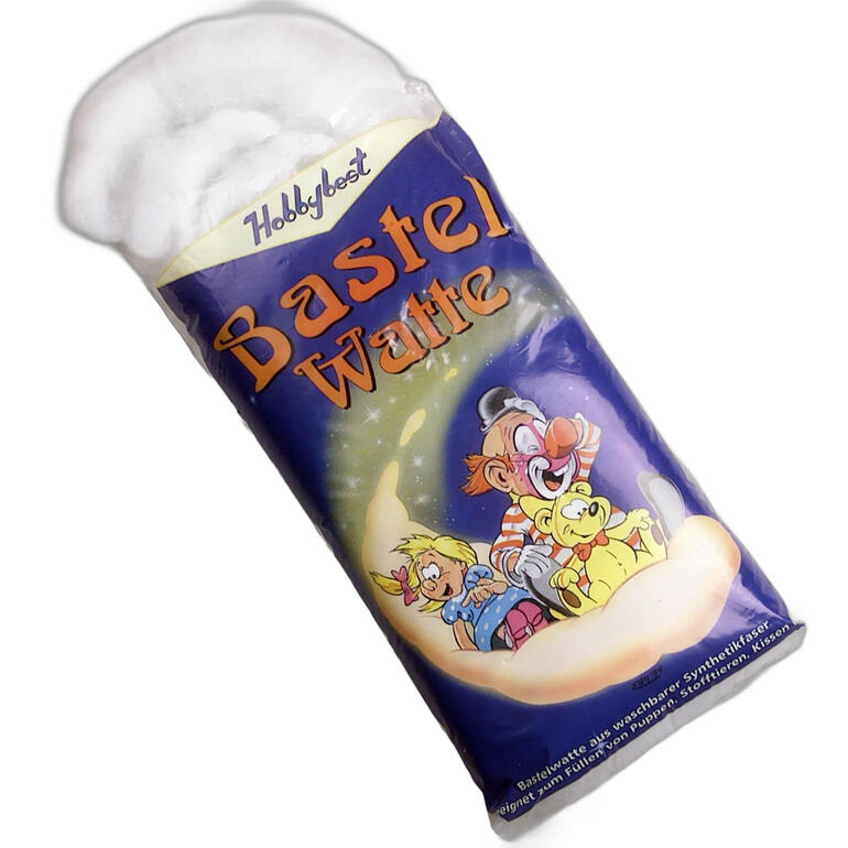 Füllwatte, 300 g in bunter Verpackung für Bastelarbeiten.