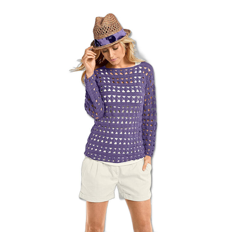 Häkelpullover aus Seidana in lila mit luftigen Mustern.