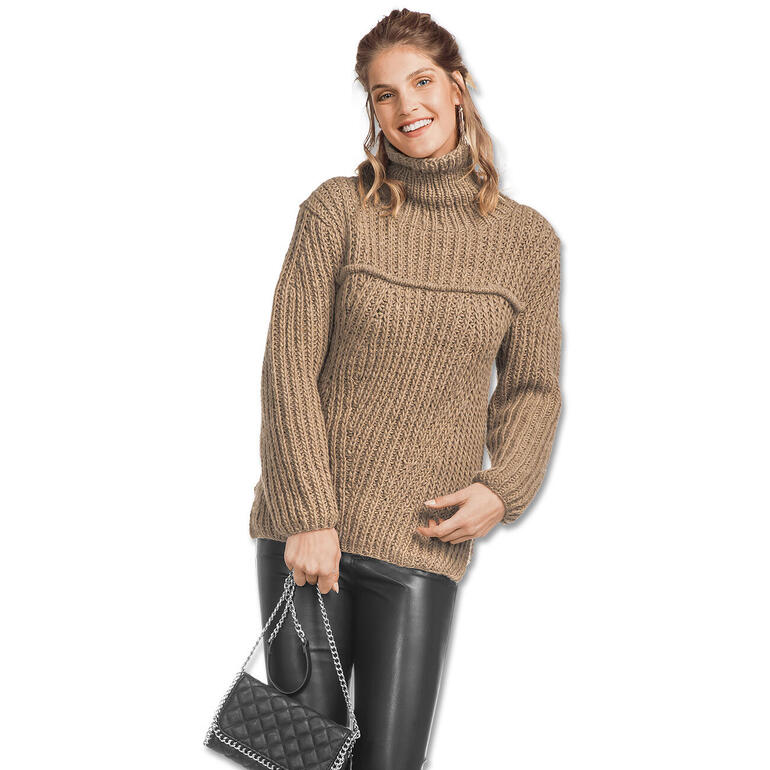 Damenpullover in hellbraun mit Rollkragen und modischem Design.