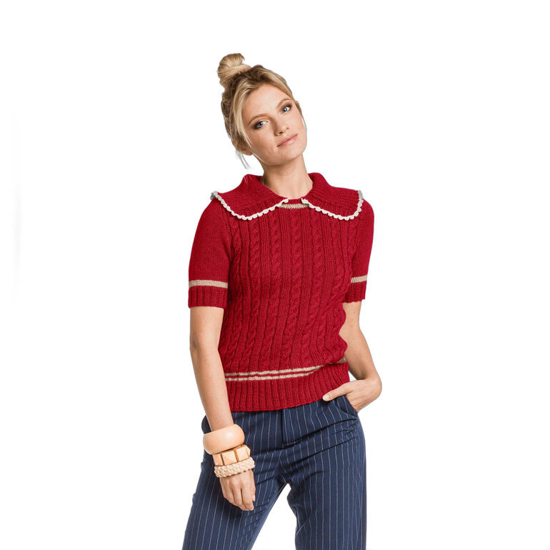 Damenpulli in Rot mit Kragen in Strick-Optik.