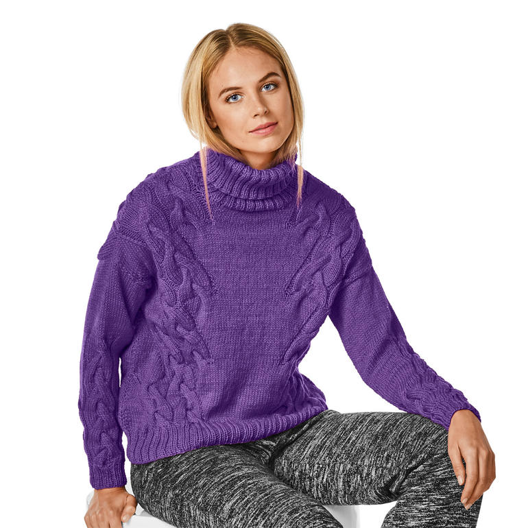 Rollkragenpullover aus Merino-Cablé in kräftigem Lila mit Zopfmuster.