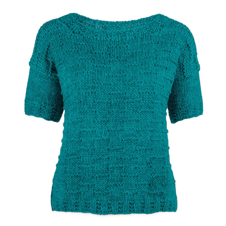 Türkisfarbener Damenpullover aus Canoso, einfache Form mit kurzen Ärmeln.