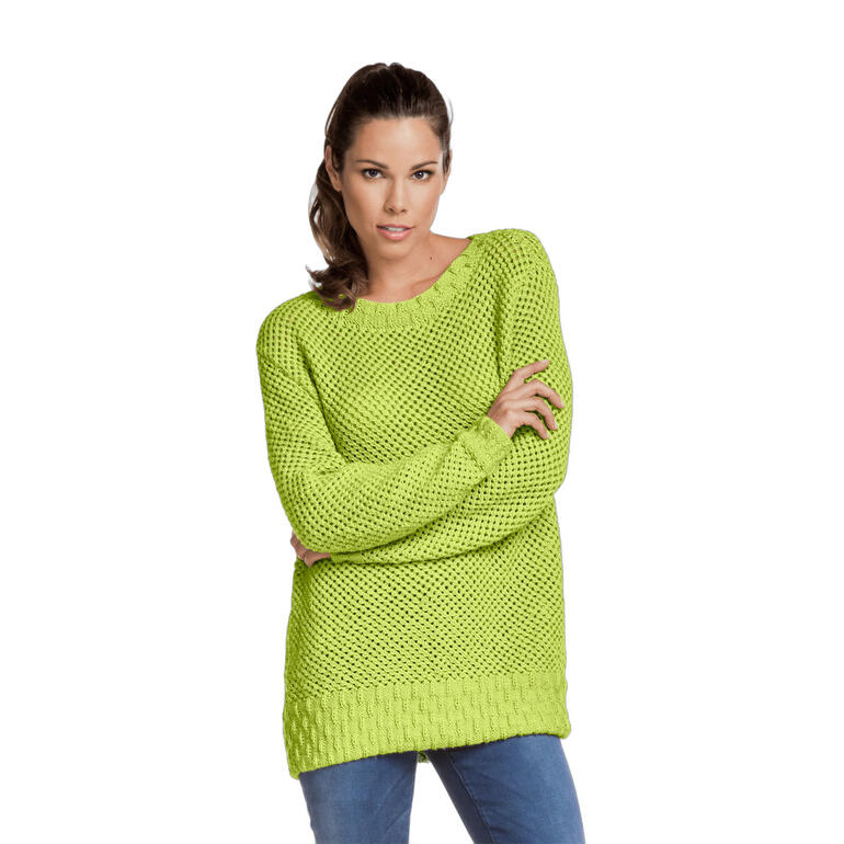 Damenpullover aus Seidana in leuchtendem Grün, locker geschnitten.