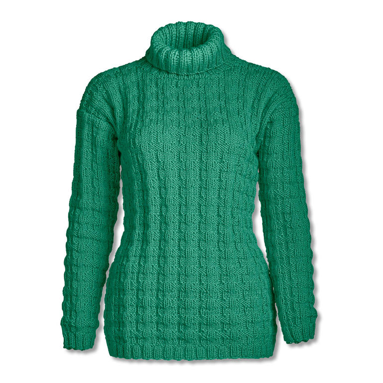 Klassischer, grüner Damen-Rollkragenpullover, auf weißem Hintergrund.