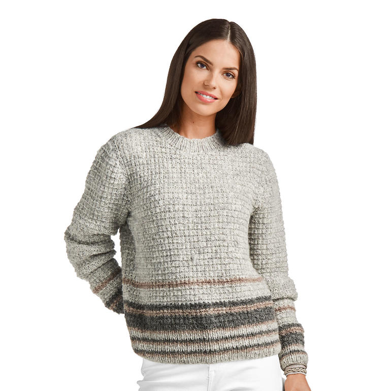 Damenpullover in Grau mit strukturiertem Design und Streifen, vor neutralem Hintergrund.