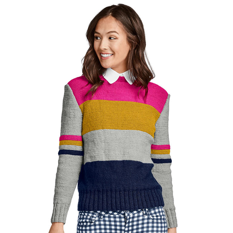 Damenpullover mit bunten Streifen in lila, gelb und grau von Junghans-Wolle.