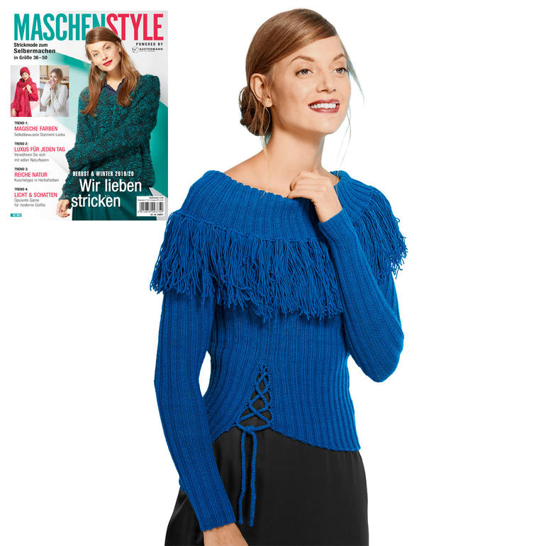 Blauer Pullover mit Fransen und Schnüroptik von Austermann.