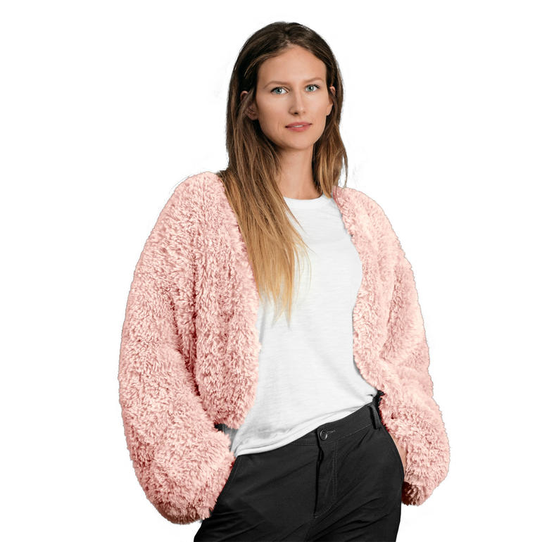 Flauschige rosa Jacke, lässig getragen von model.