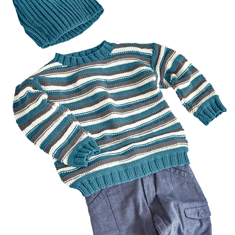 Gestreifter Kinderpullover aus Merino-Cotton in Blau- und Grautönen.