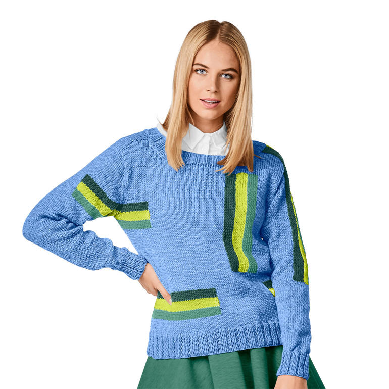 Pullover aus Merino-Extrafein in Hellblau mit grünen Mustern.