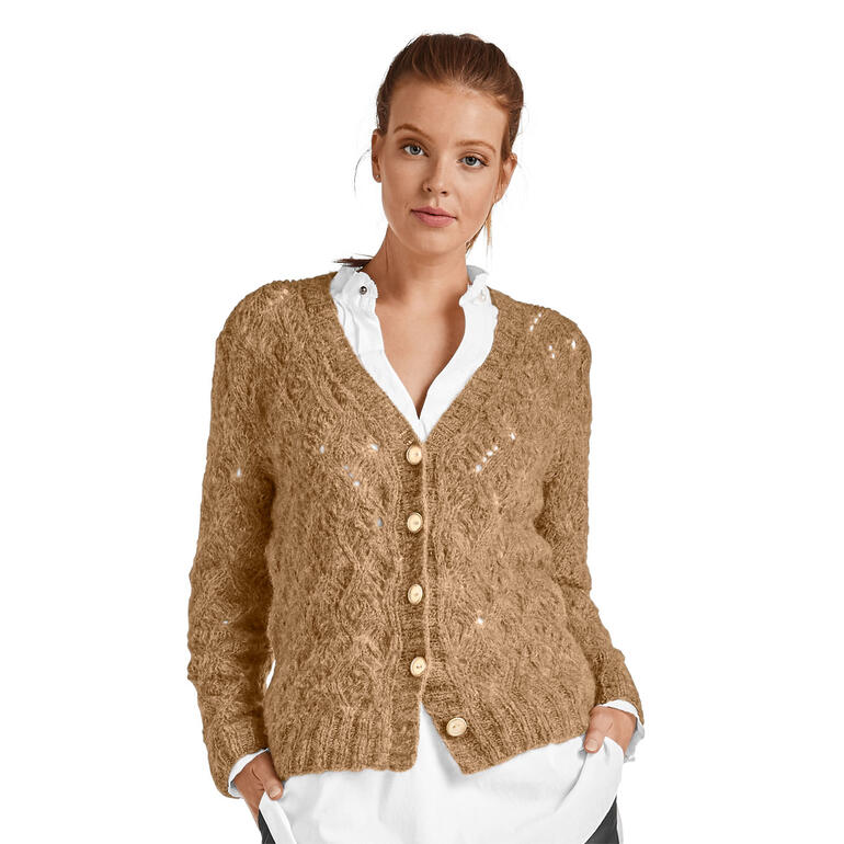 Braune Jacke aus Arequipa mit Knöpfen und großem Muster.