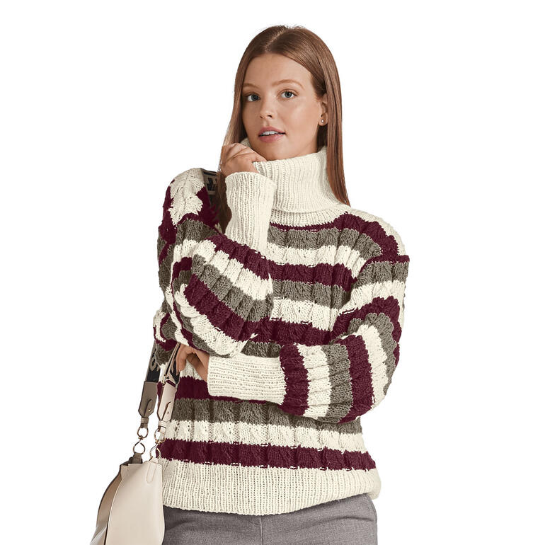 Gestreifter Rollkragenpullover aus Landwolle in beige und rot.