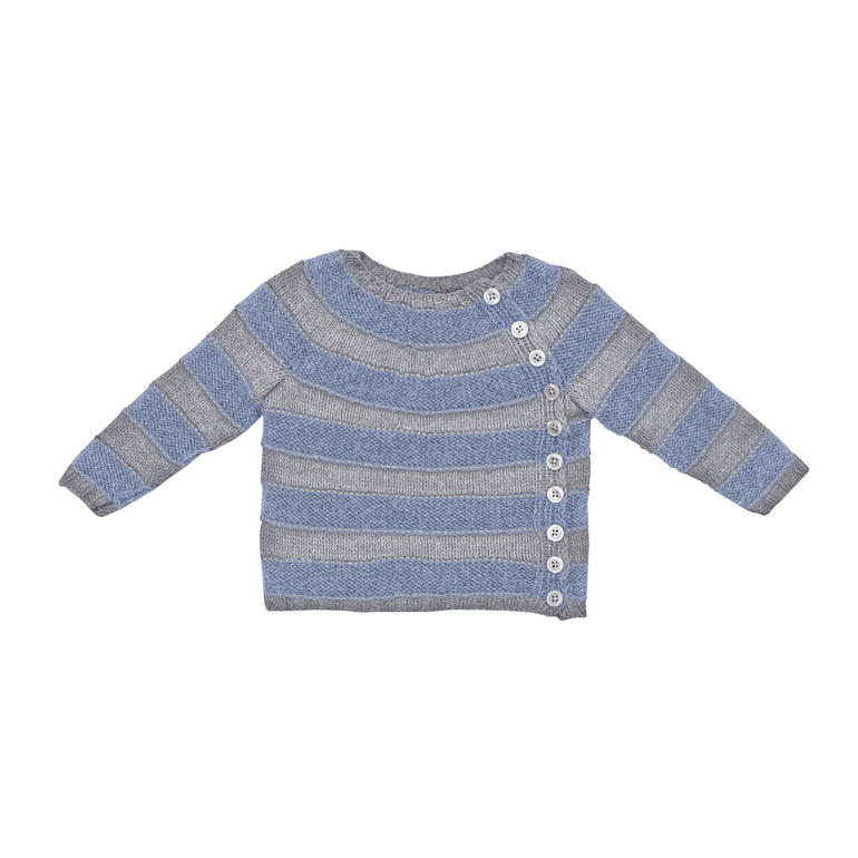 Gestreifter Baby-Pullover in Blau und Grau, mit Knöpfen an der Seite.