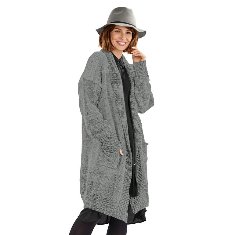 Graue Longjacke, offenes Design mit farbigen Streifen an den Ärmeln.