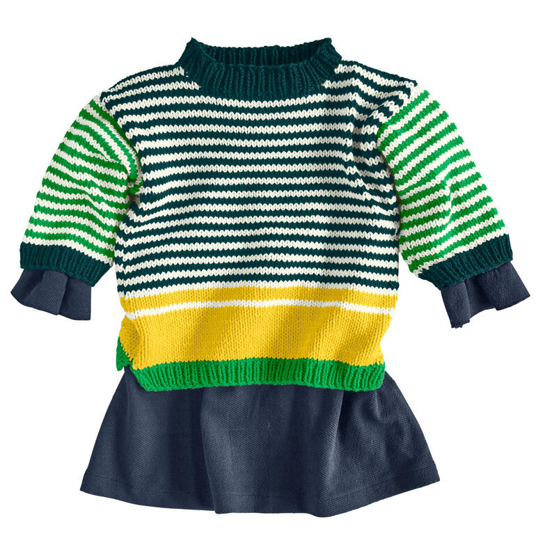 Bunt gestreifter Pullover mit kurzen Ärmeln und Rüschenelement.