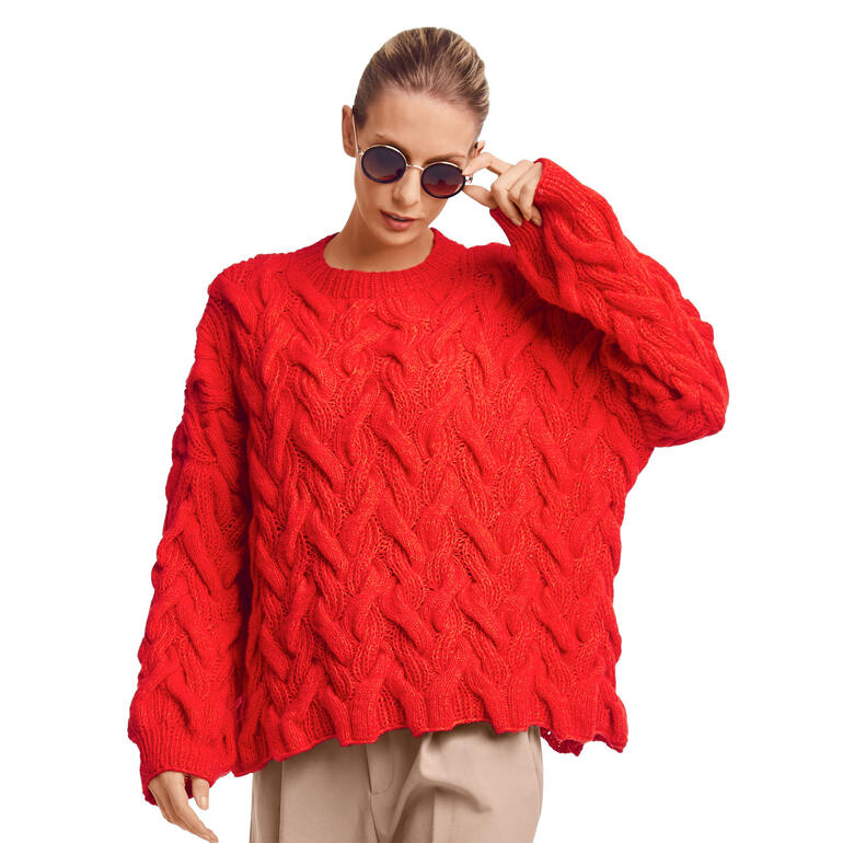 Roter, oversize Pullover aus Wool-Cotton mit strukturiertem Zopfdesign.