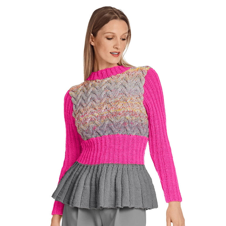 Modischer Pullover mit Schößchen, aus Monello-90 Uni und Color.