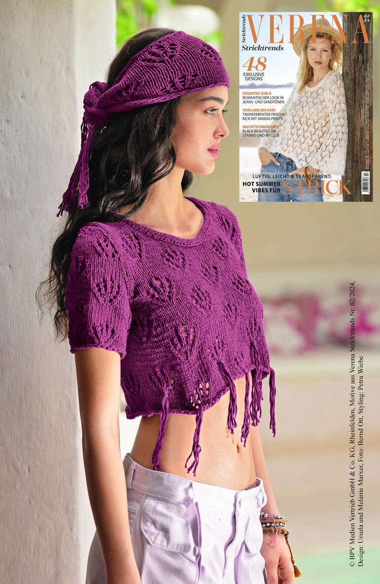 Lila Top mit Stirnband aus Bandana, Modell von Junghans-Wolle.