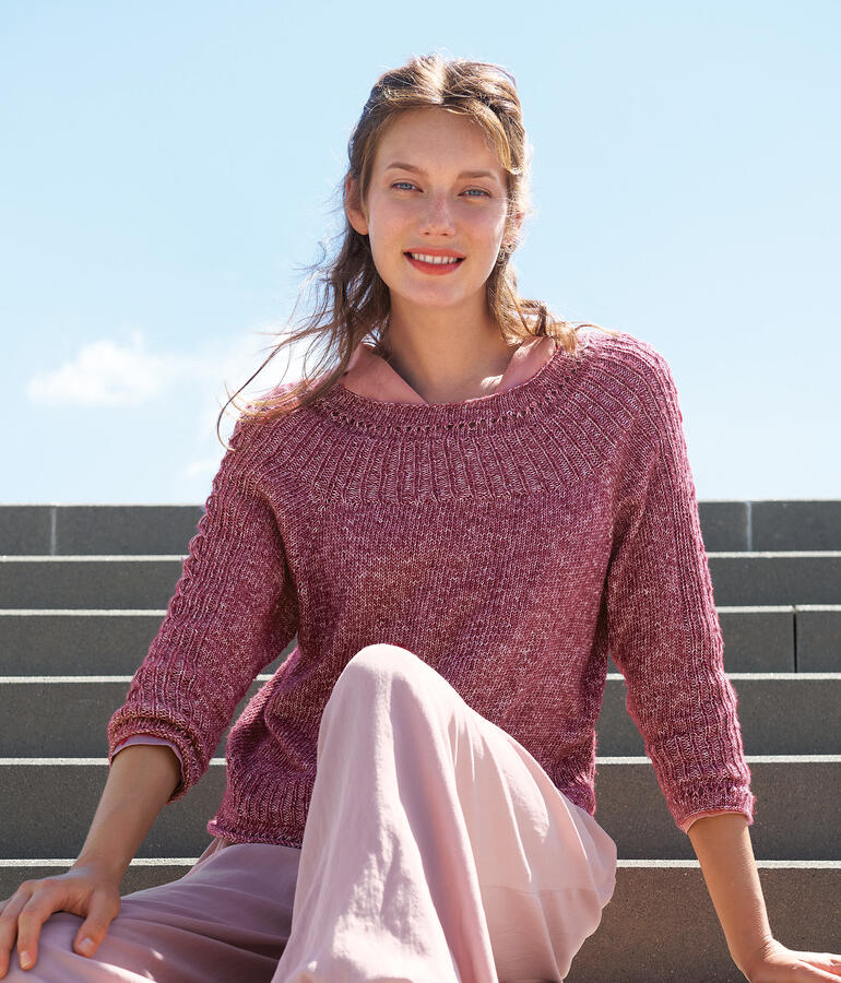 Damen-Pullover in Rot, lässig und freundlich, Top-Down aus Puro Cotone von Katia.