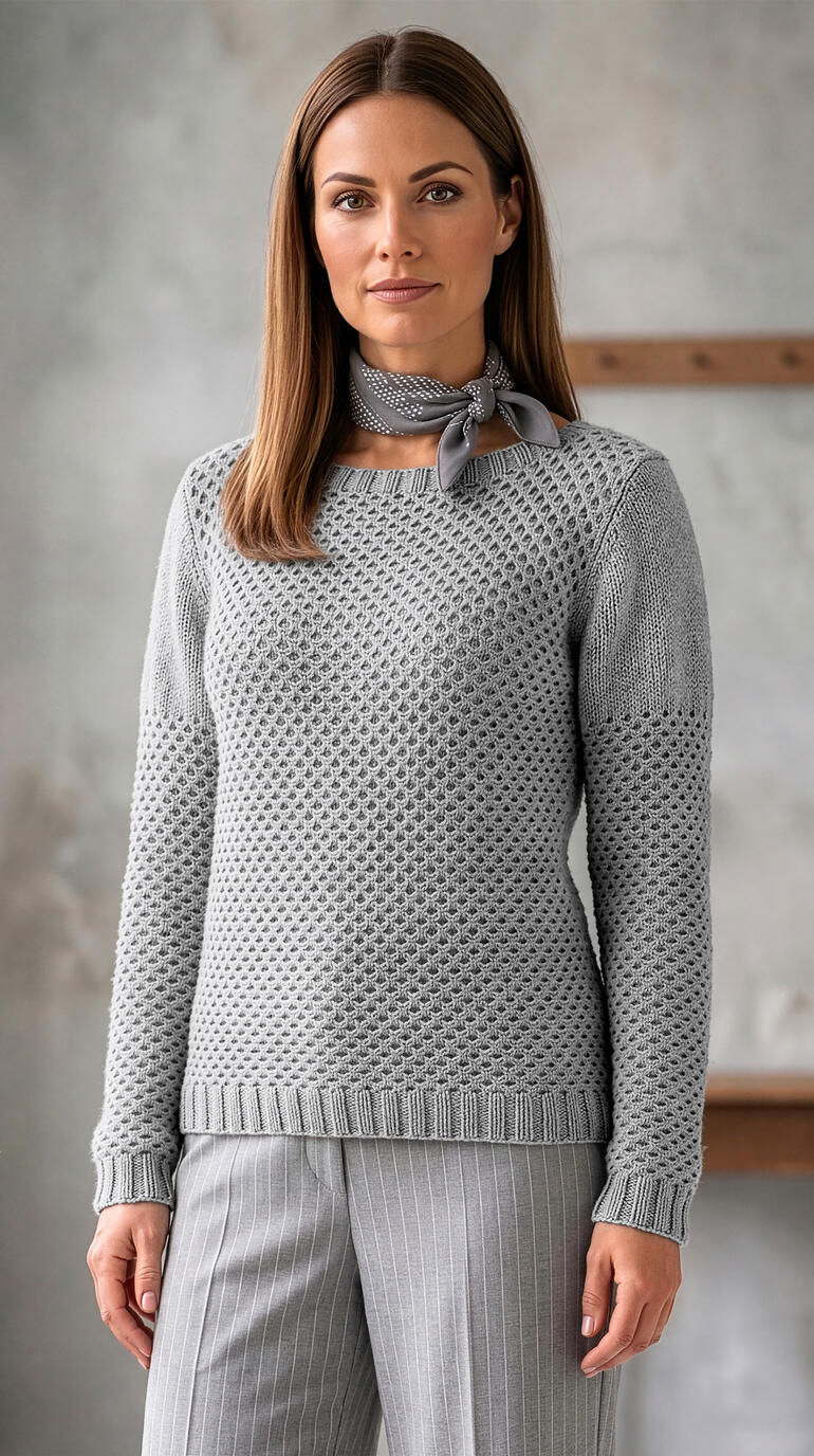 Grauer Pullover mit Lochmuster und Schleife am Hals, elegant und modern.