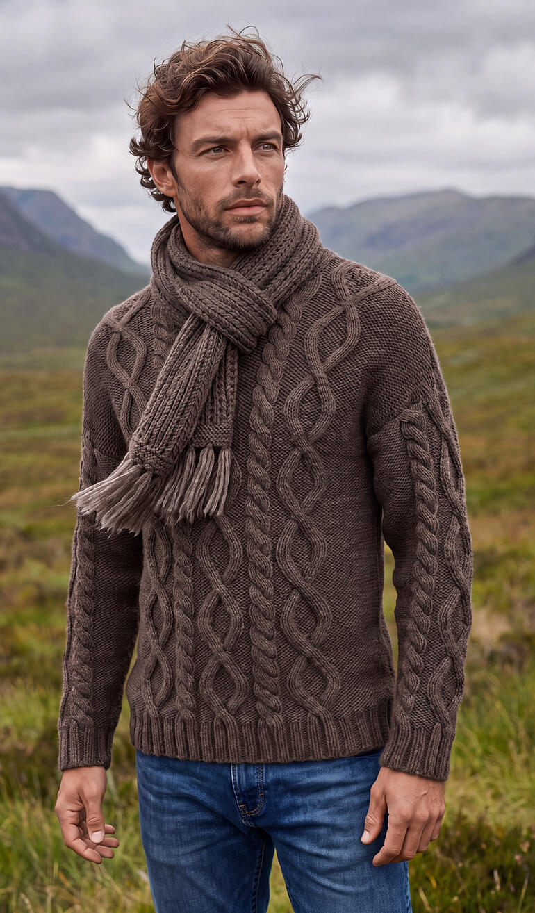 Herrenpullover aus Nova-Lana in Braun mit Zopfmuster und Schal im Freien.