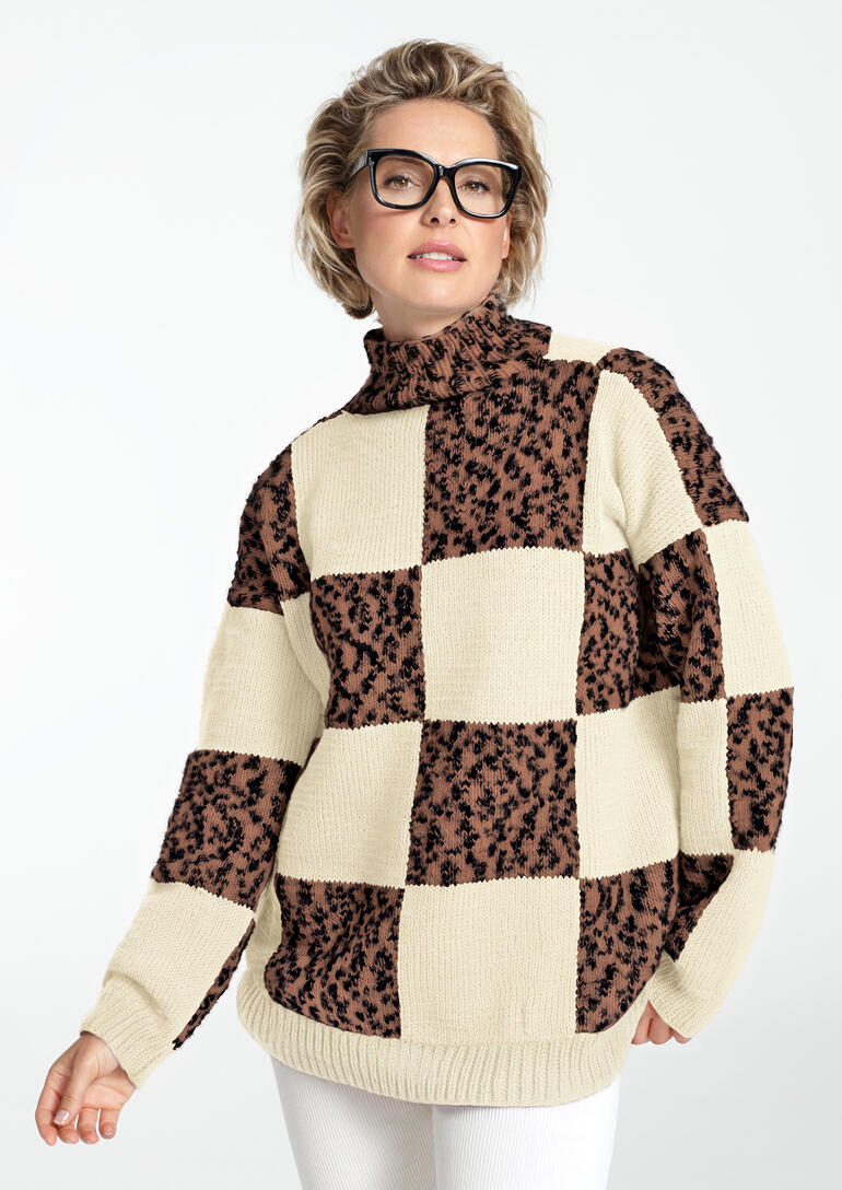Beiger Pullover mit großem Karomuster aus Merino-Extrafein.