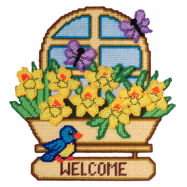 Bunte Wand-Deko mit gelben Narzissen und einem Vogel unter einem Fenster.