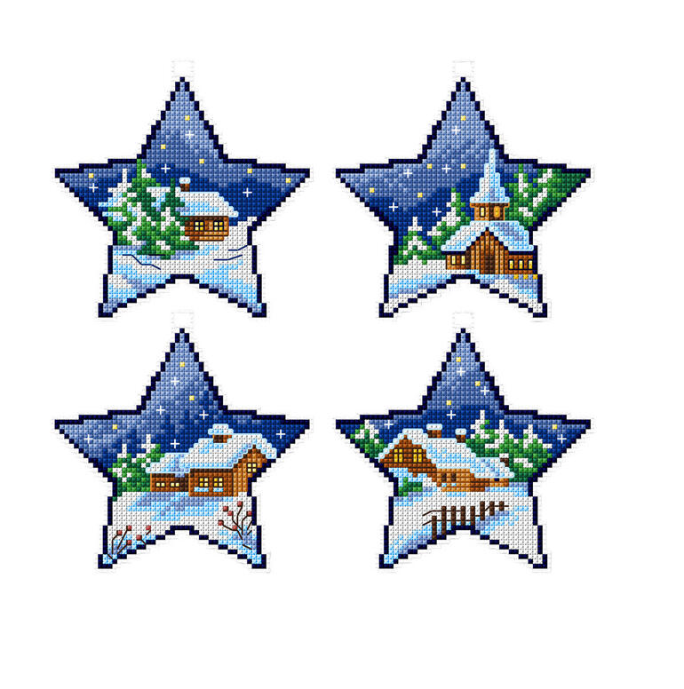 Vier dekorative Sterne mit winterlichem Bildmotiv.