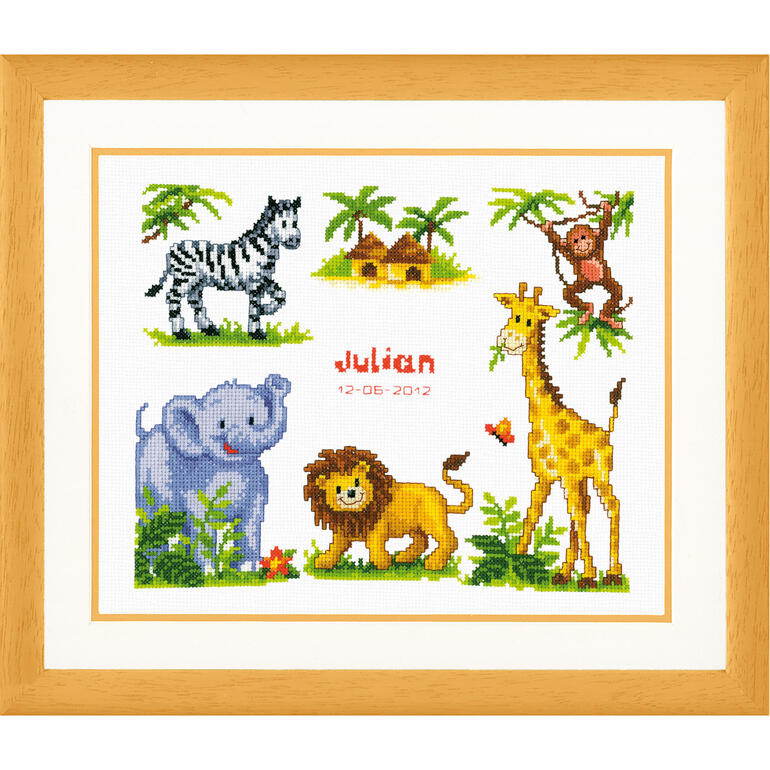 Kreuzstichbild mit Safari-Tiermotiven und Namen.