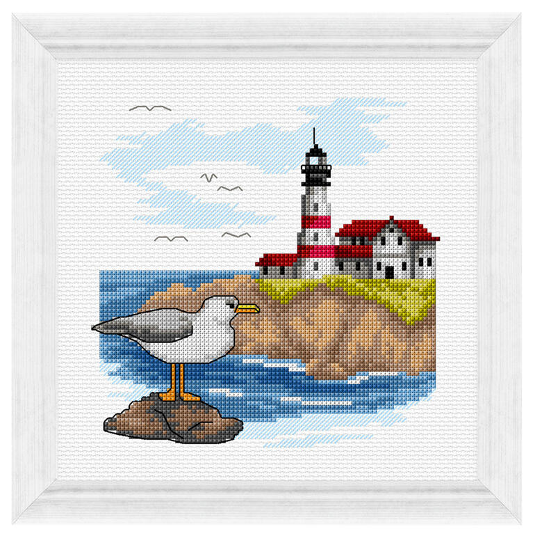 Stickbild eines Leuchtturms und einer Möwe im Watercolor-Stil.